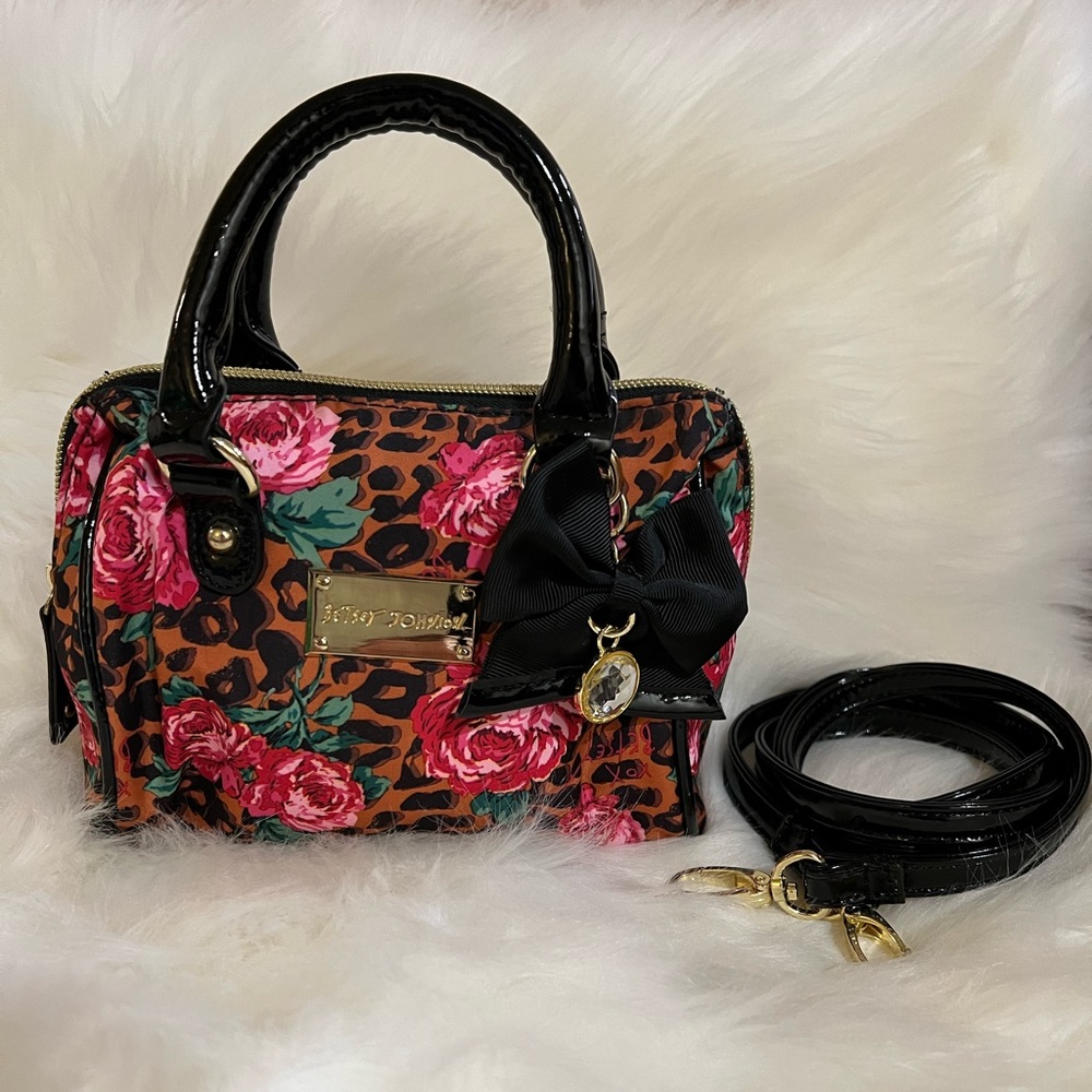 Betsy Johnson Floral Leopard Ribbon Jewel Mini Barrel Crossbody Bag